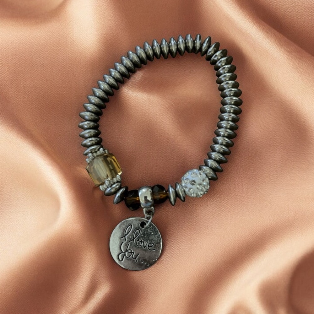 Source Unknown Silver And Brown Beaded Bracelet W… - image 1